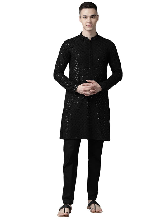 See Designs Mens Kurta | Specially Crafted And Designed For The Eid Festival Men Black Kurta Set Sequence Rayon Material | Sdekt