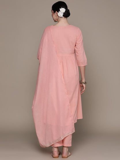 anubhutee Women's Pure Cotton Embroidered Pink A-Line Kurta Suit Set with Pants