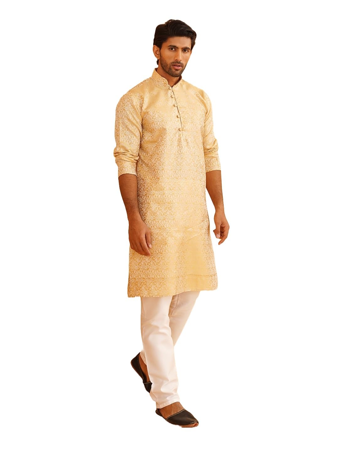 SOJANYA (Since 1958 Men's Beige Jacquard Silk Kurta & Churidaar Pyjama
