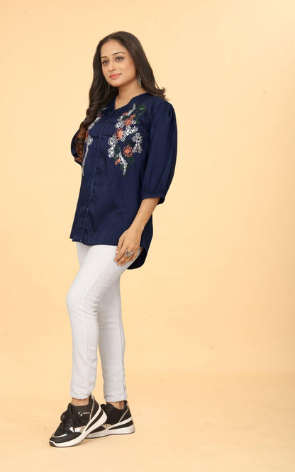 WomenS Embroidered V-Neck Tunic Top | Voscos Rayon 3/4 Balloon Sleeves Tunic For WomenS | Floral Design Casual Wear Top (In, A