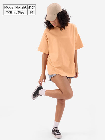 The Souled Store Solids: Fuzzy Peach Women and Girls Short Sleeves Round Neck Cotton Oversized T-Shirts