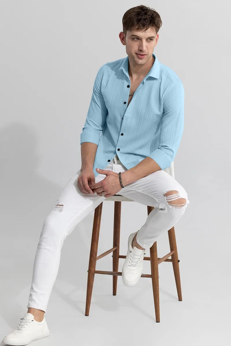 Finivo Fashion MenS Cotton Casual Plain Button Down Shirts Long Sleeve Textured Summer Beach Shirt For Men Sky Blue