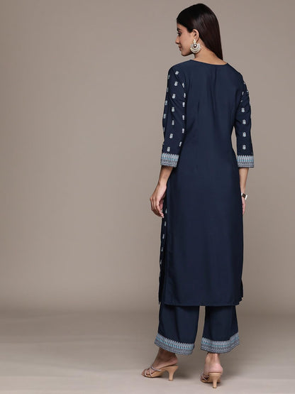ZIYAA Women Women's Navy Blue Crepe Straight Kurta And Palazzo Set