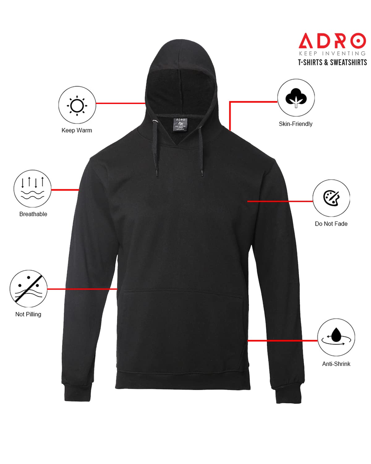 ADRO Men's Cotton Neck Hooded Sweatshirt (H22-1-PLN-BL_Black)