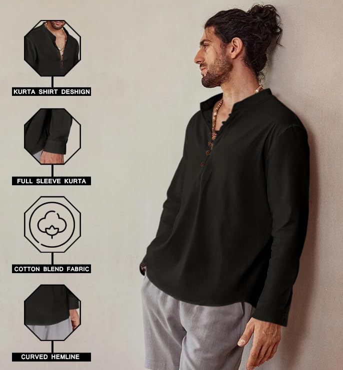 Royalscout MenS Cotton Solid Full Sleeve Short Kurta Shirt Black