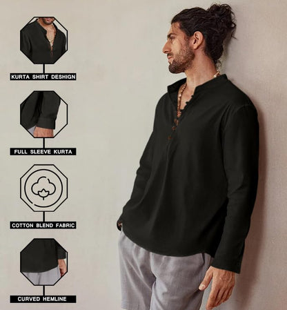Royalscout MenS Cotton Solid Full Sleeve Short Kurta Shirt Black