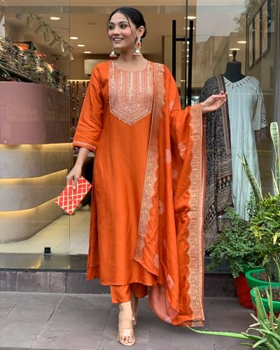 GoSriKi Ladies Straight Kurta Set with Trousers & Dupatta, Orange, Size 48, Model PUNEETA ORANGE-GS