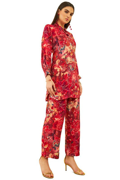 Soch Womens Red Muslin Floral Printed Co-Ord Set With Tassels