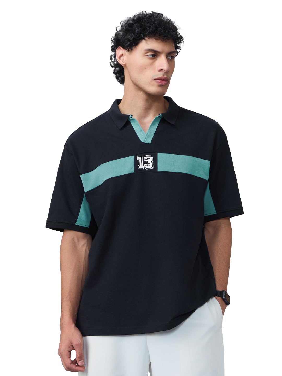 The Souled Store Colourblock: Arctic Men and Boys Short Sleeves Collared Neck Blue Cotton Oversized Polos