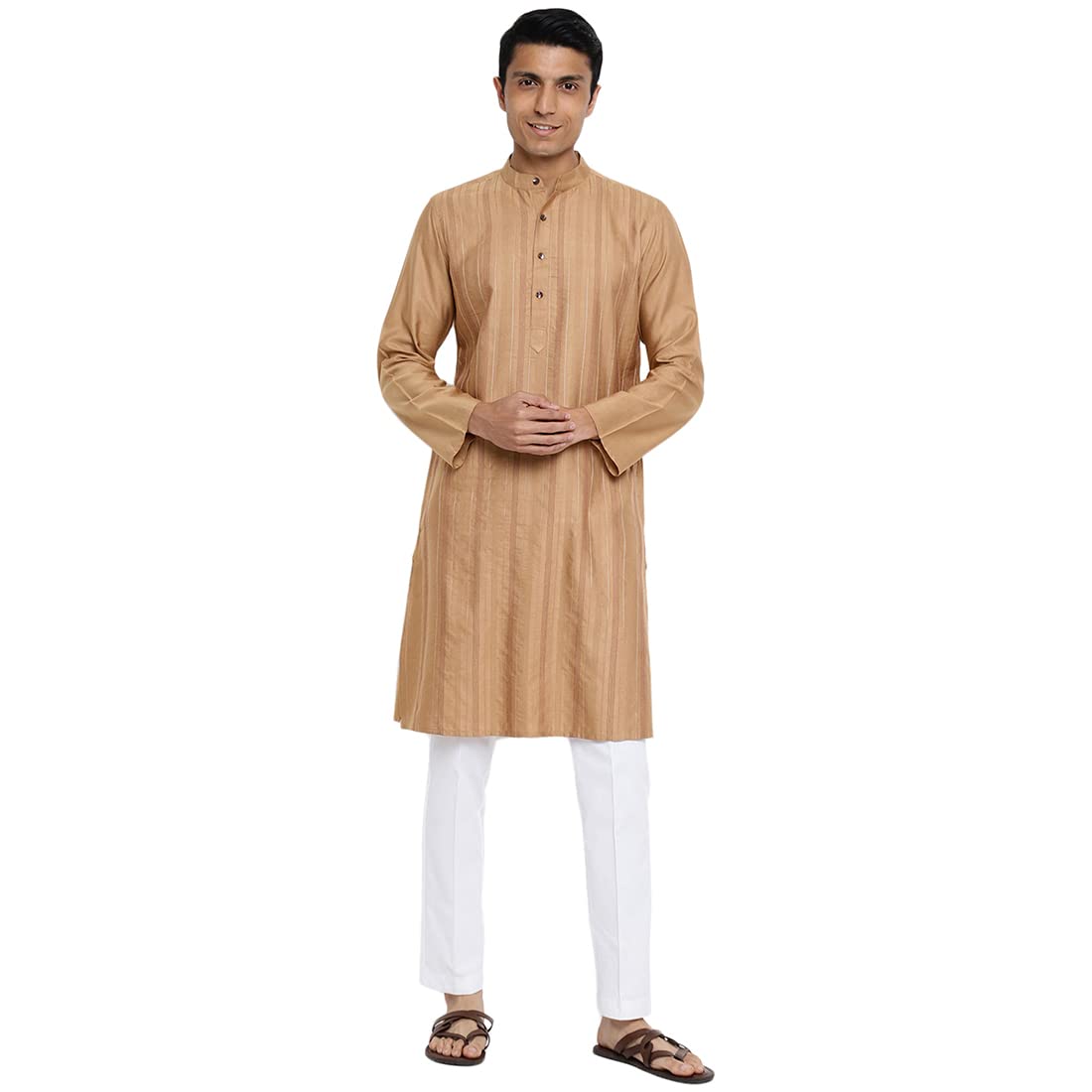 Fabindia Men Viscose Silk Chinese Collar Long Kurta Gold_L