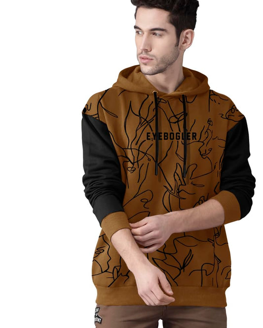 Eyebogler MenS Printed Cotton Blend Hooded Neck Full Sleeves Sweatshirt Mustard Black