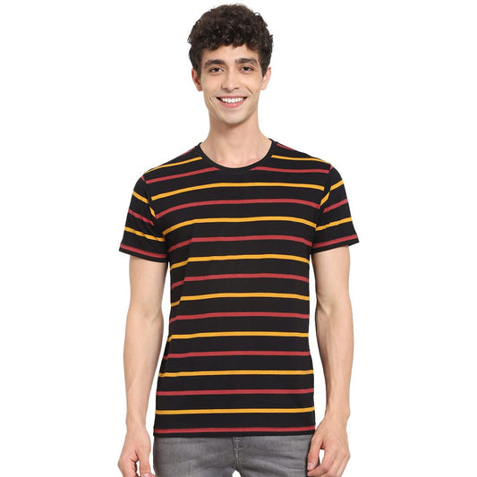 Bewakoof Men Striped Black Short Sleeve Roundneck T-Shirt - Medium