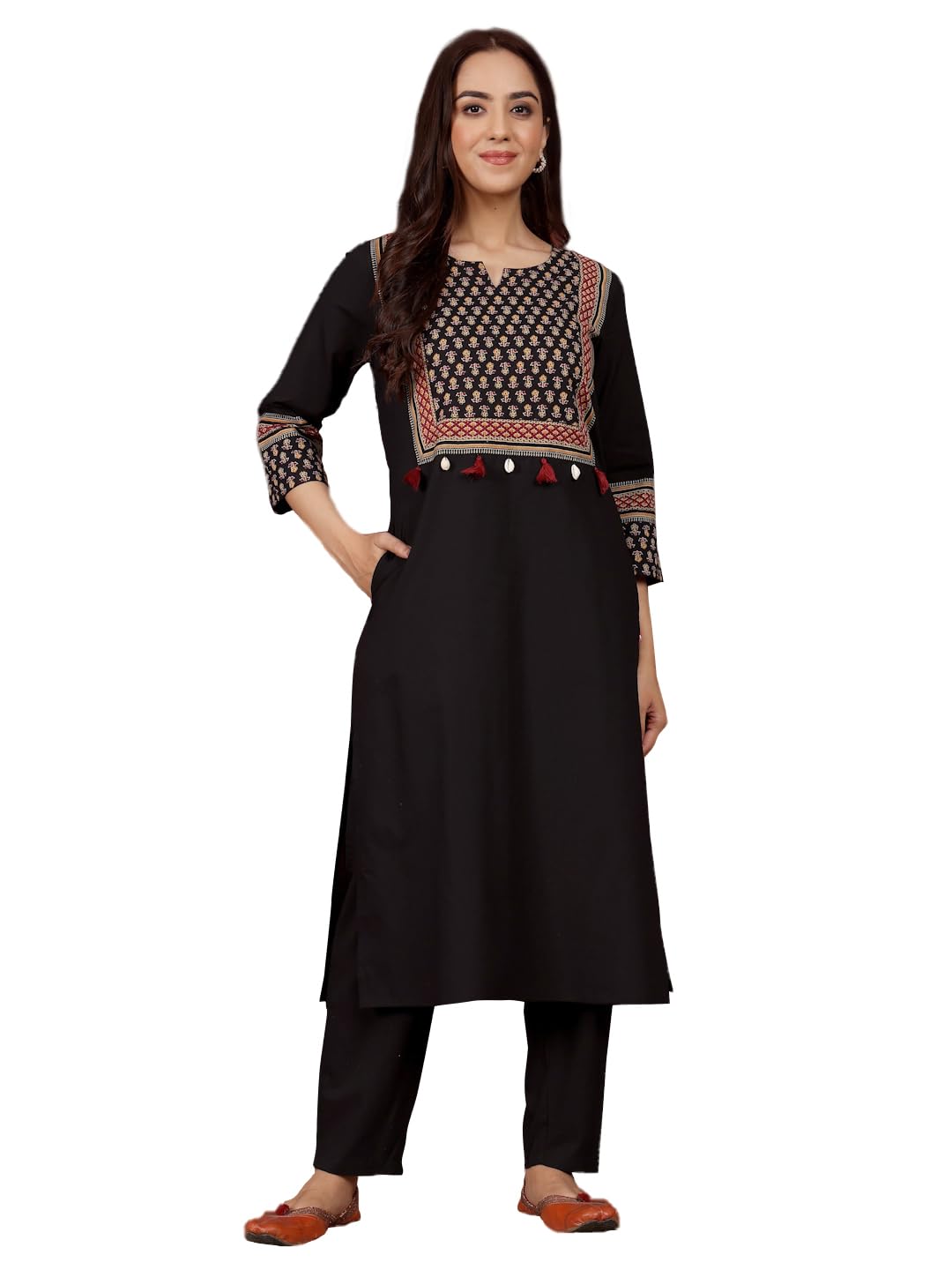 Varanga Women Jaipuri Ethnic Printed Yoke Straight Kurta Black