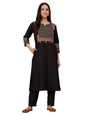 Varanga Women Jaipuri Ethnic Printed Yoke Straight Kurta Black