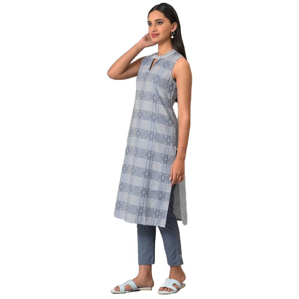 Aurelia Women's Cotton Regular Fit Solid Regular Ghimgham and Dobby Sleeveless Kurta