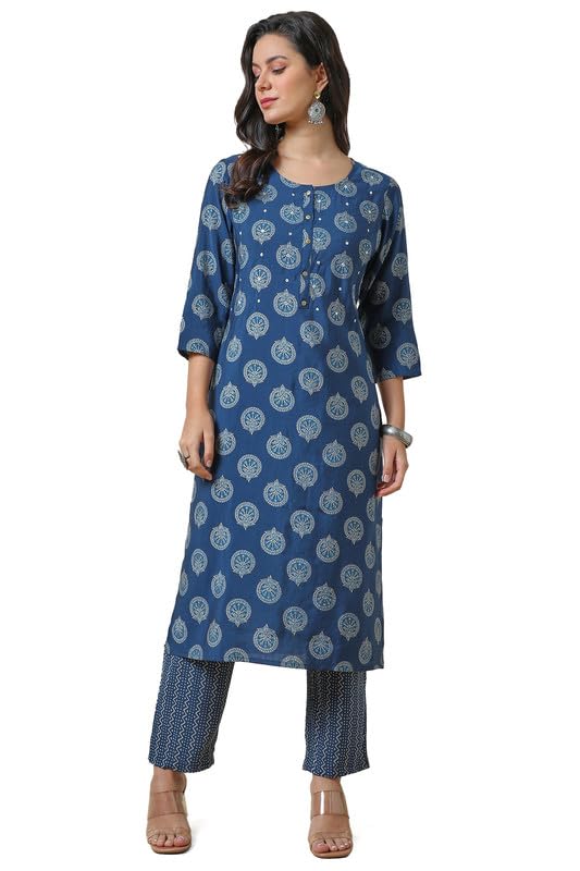 Soch Womens Blue Muslin Blend Ethnic Motifs Kurta Set With Faux Mirror