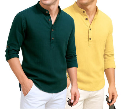 Deelmo Combo Of MenS Cotton Blend Solid Regular Fit Full Sleeve Short Kurta | MenS Trendy Short Kurta Pack Of 2