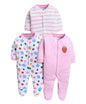 BUMZEE Baby Girls Cotton Full Sleeves Pack of 3 Sleepsuit Baby Pink & White - New Born (Peb11015A-bpk)