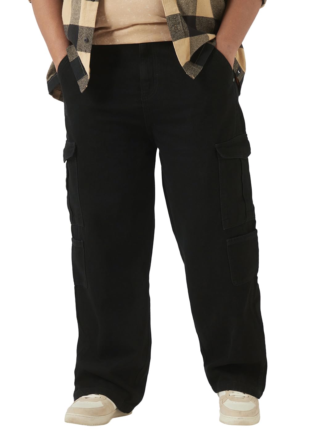 Bewakoof MenS Solid Straight Fit Cotton Plus Size Cargo Jeans_644729_Black_38