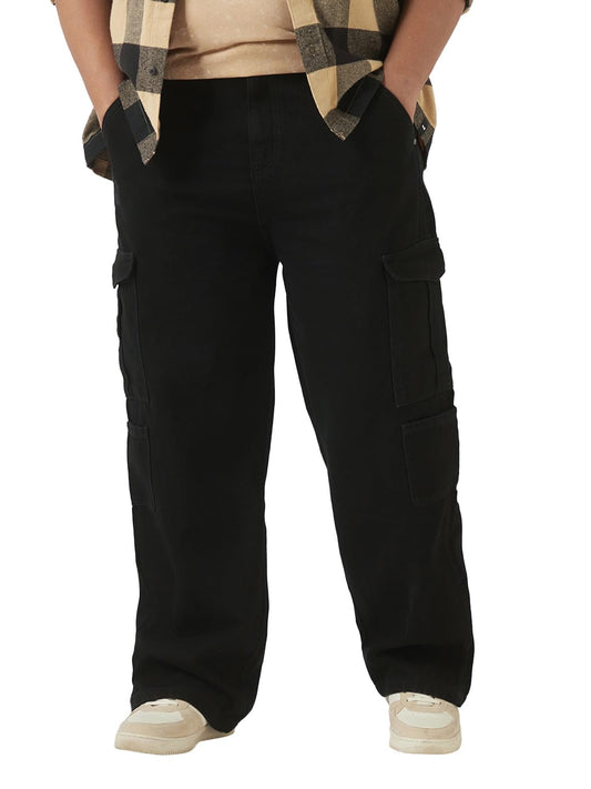 Bewakoof MenS Solid Straight Fit Cotton Plus Size Cargo Jeans_644729_Black_38