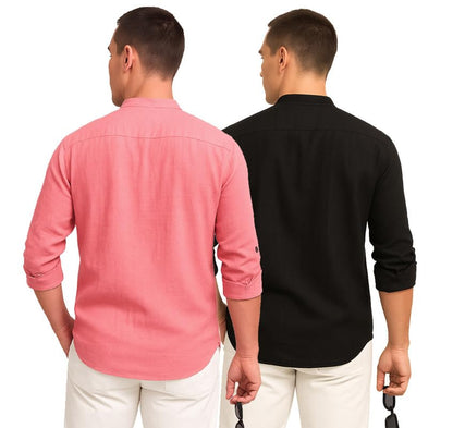 Deelmo Combo Of MenS Cotton Blend Solid Regular Fit Full Sleeve Short Kurta | MenS Trendy Short Kurta Pack Of 2