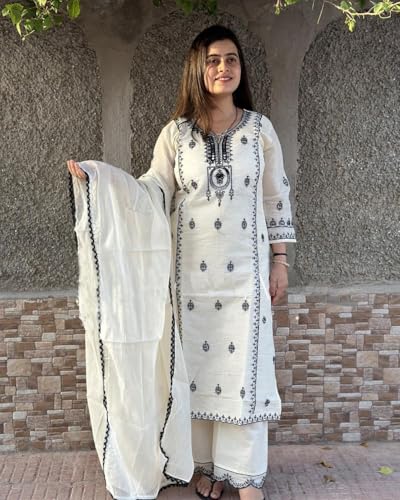 GoSriKi Ladies Viscose Blend Kurta with Trousers & Dupatta, 3X-Large, White, Model DEVANAGRI WHITE-GS