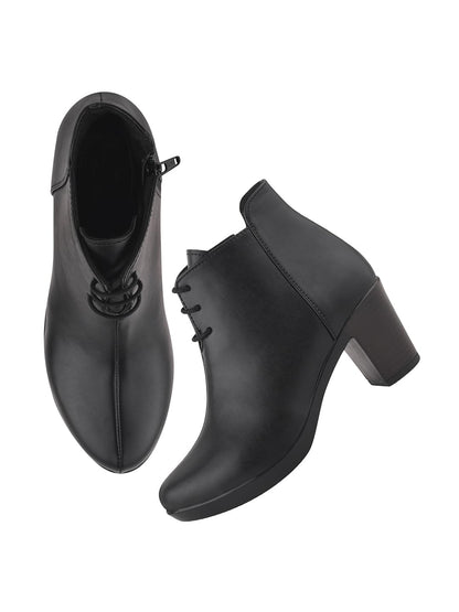 Shoetopia WomenS Black Leather Ankle Booties With Block Heel And Lace-Up Closure  Stylish Mid-Heel Dress Boots For Office & Cas