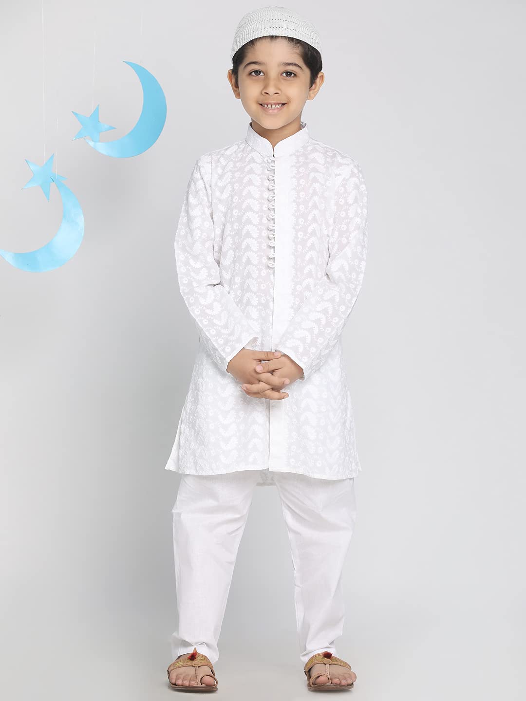 Vastramay Boys Cotton Kurta Pyjama Set With Lucknowi Chikankari Embroidery & Muslim Cap  Ethnic Wear For Holi & Eid