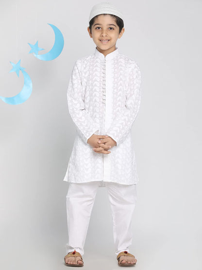 Vastramay Boys Cotton Kurta Pyjama Set With Lucknowi Chikankari Embroidery & Muslim Cap  Ethnic Wear For Holi & Eid