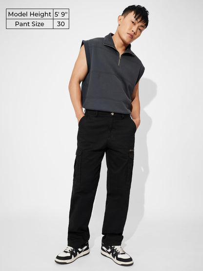 The Souled Store Solids: Black Men and Boys Buttoned Cotton Straight Fit Cargo Pants