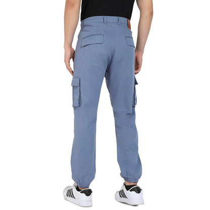 Campus Sutra Mens Blue Cuffed Hem Cargo Trousers for Casual Wear | 6 Pockets | Regular Fit | Button Closure | Cotton Poly Cargo