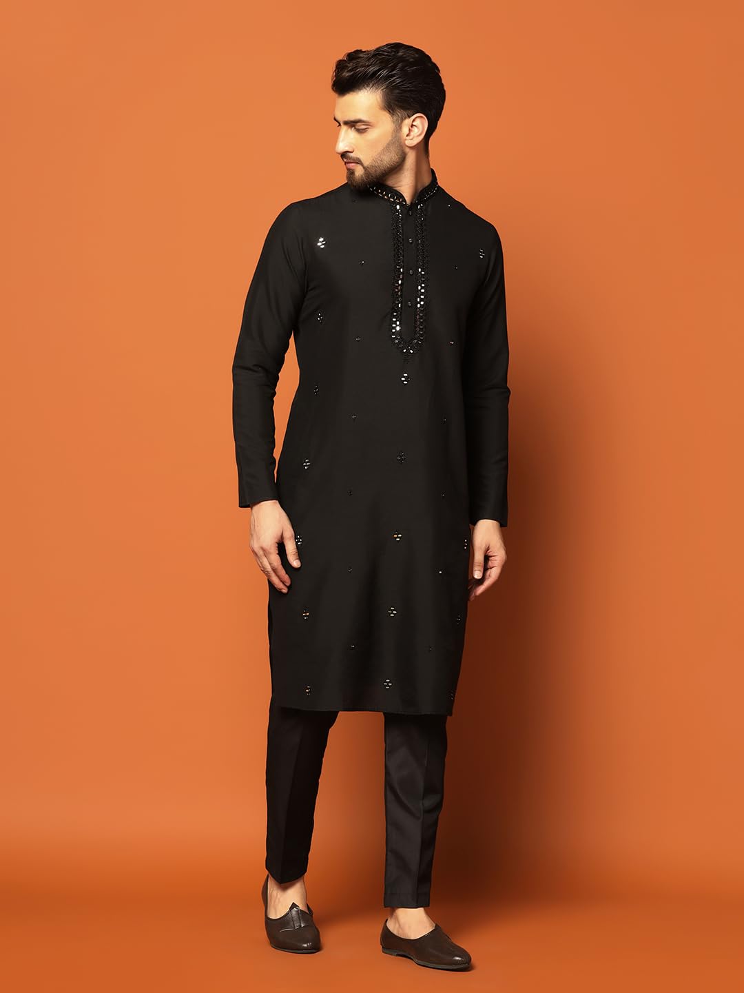 Kisah MenS Black Kurta Trouser Set Cotton, Full Sleaves, Knee Length, Straight, Regular Fit, Mandarin Collar Ethnic Wear
