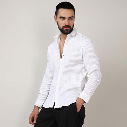 Campus Sutra Mens Chalk White Twisted Crease Shirt for Casual Wear | Spread Collar | Long Sleeve | Button Closure | Shirt Craft