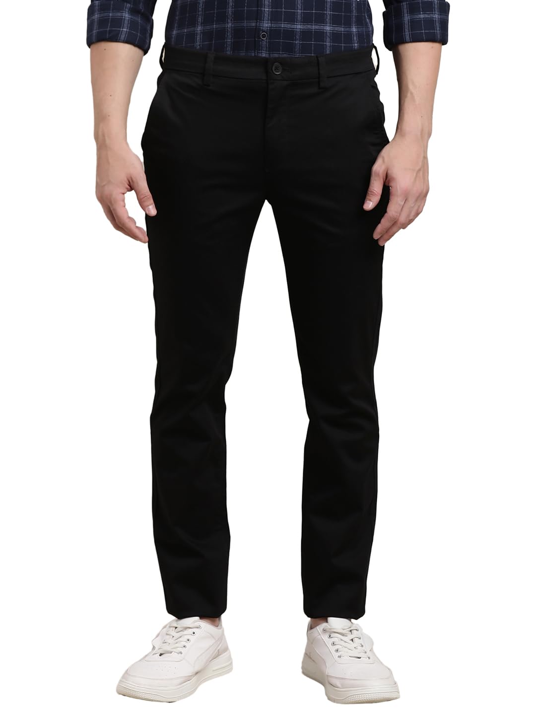 Turtle Men Black Ultra Slim Fit Solid Flat Front Cotton Stretch Casual Trouser