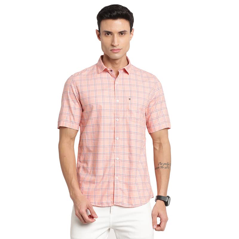Turtle Men 100% Cotton Peach Checkered Slim Fit Full Sleeve Casual Shirt