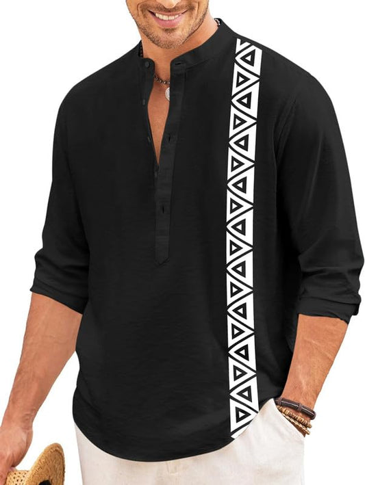 Finivo Fashion MenS Short Kurta With Printed Geometric Side Panel | Cotton Blend Full Sleeve Ethnic Topwear With Mandarin Collar