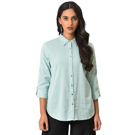 W Light Blue Textured Cotton Shirt-Style Top for Women