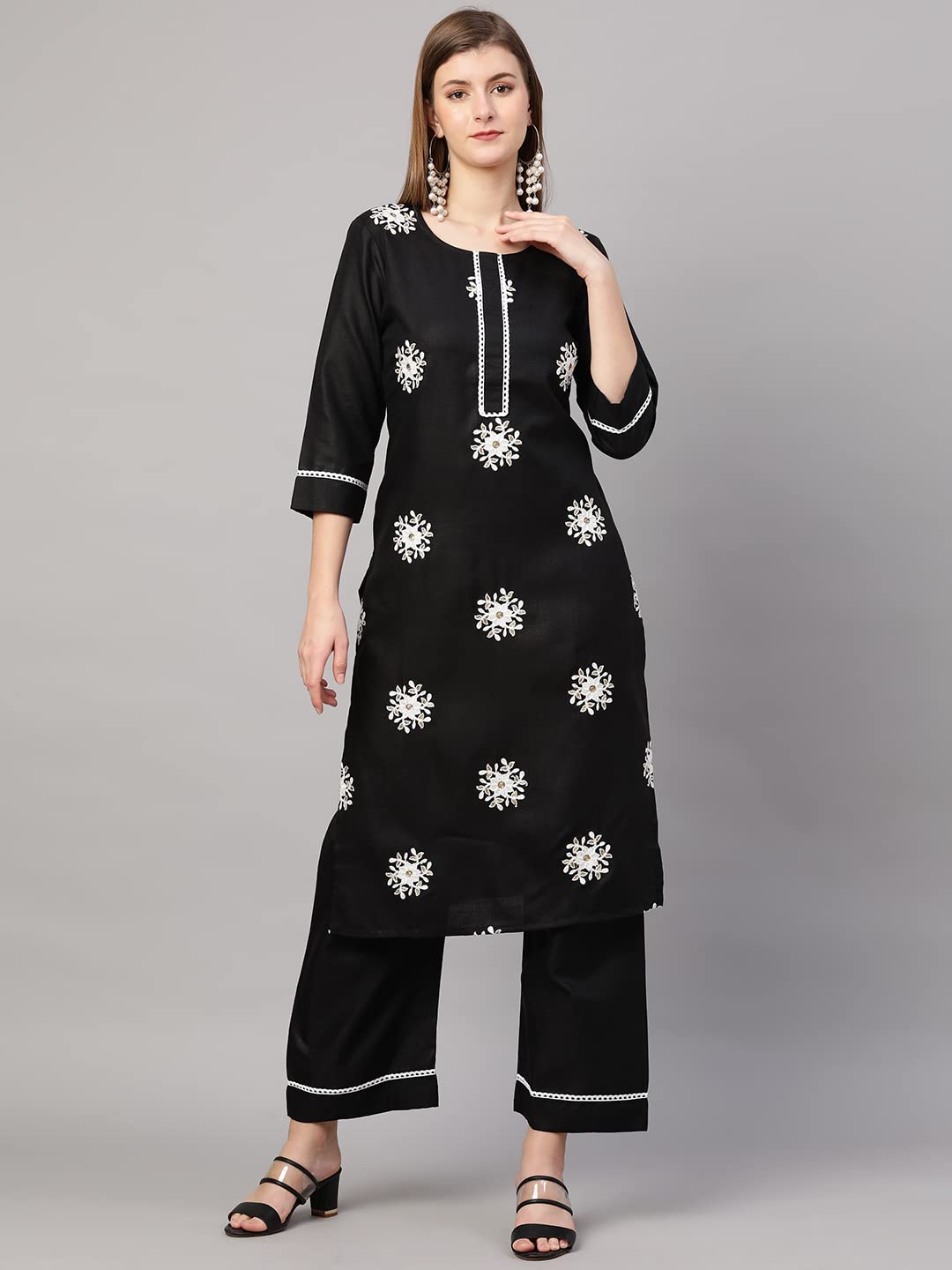 ANNI DESIGNER Women's Cotton Blend Straight Kurta with Palazzo & Dupatta (Saadgi)