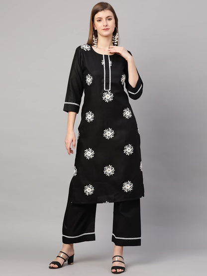 ANNI DESIGNER Women's Cotton Blend Straight Kurta with Palazzo & Dupatta (Saadgi)