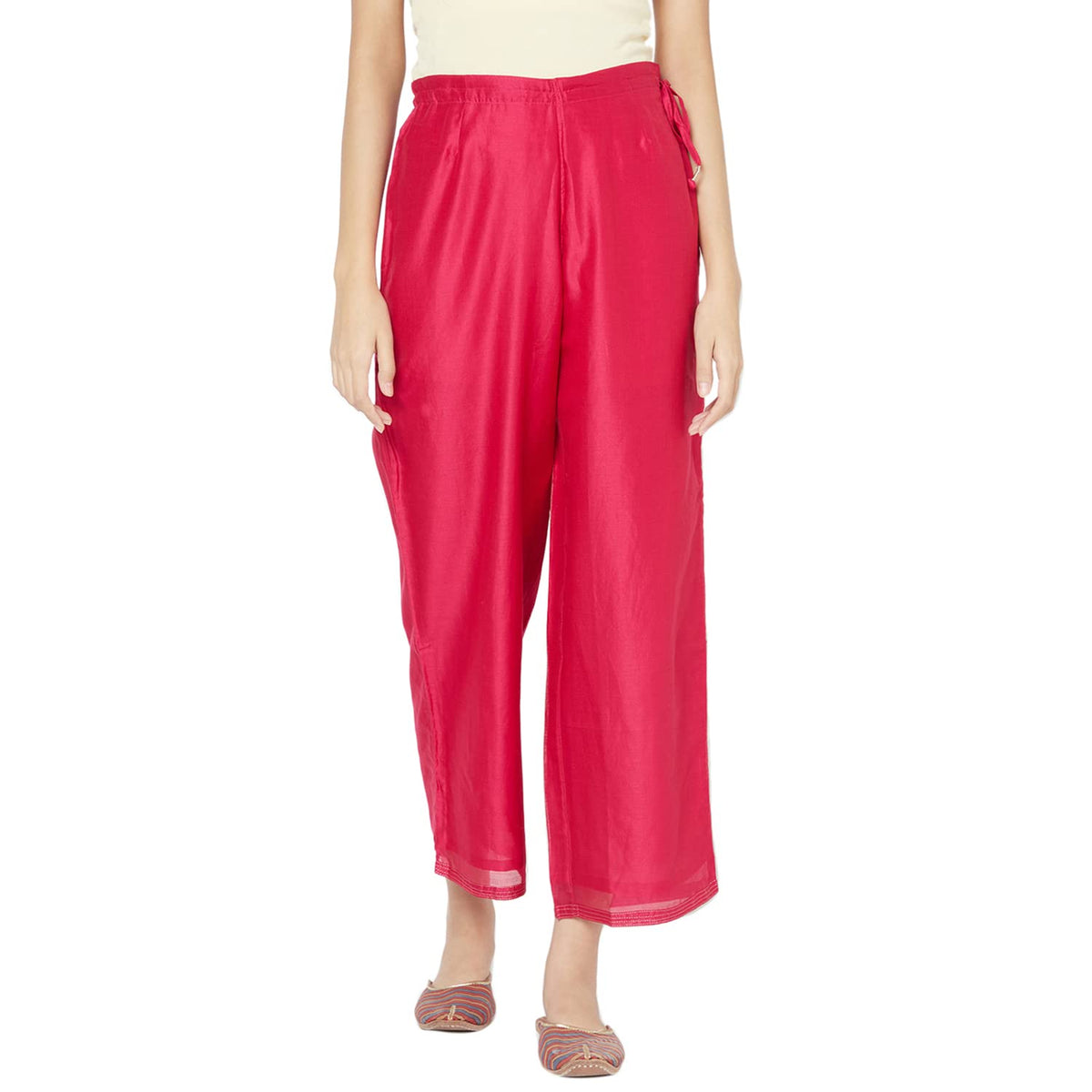 Fabindia Women Silk Waist Tie Up Ijar Pant Cotton_M Fuschia