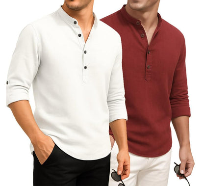 Deelmo Combo Of MenS Cotton Blend Solid Regular Fit Full Sleeve Short Kurta | MenS Trendy Short Kurta Pack Of 2 White - Red