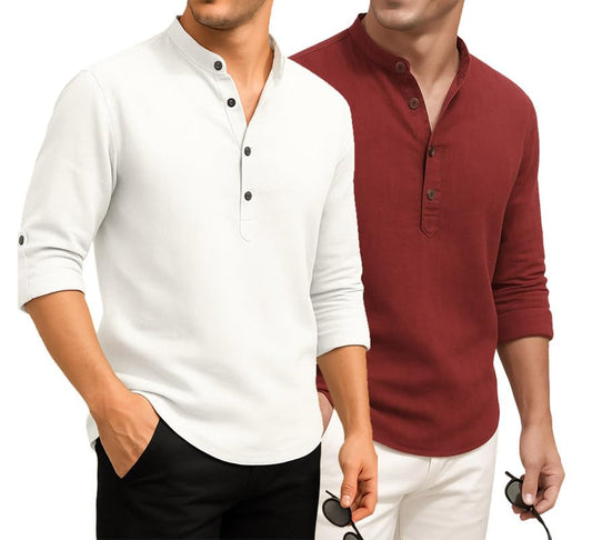 Deelmo Combo Of MenS Cotton Blend Solid Regular Fit Full Sleeve Short Kurta | MenS Trendy Short Kurta Pack Of 2 White - Red