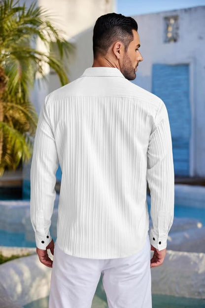 Macsivo MenS Line Shirt With Spread Collared Neck Full Sleeve Button Closure Curved Hem Length Regular Fit | Popcorn Shirt For
