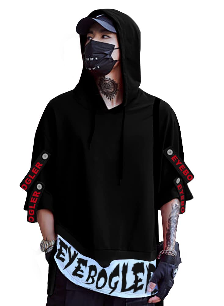 Eyebogler Mens Hooded Neck Loose Fit Half Sleeves Printed T-Shirt Black White