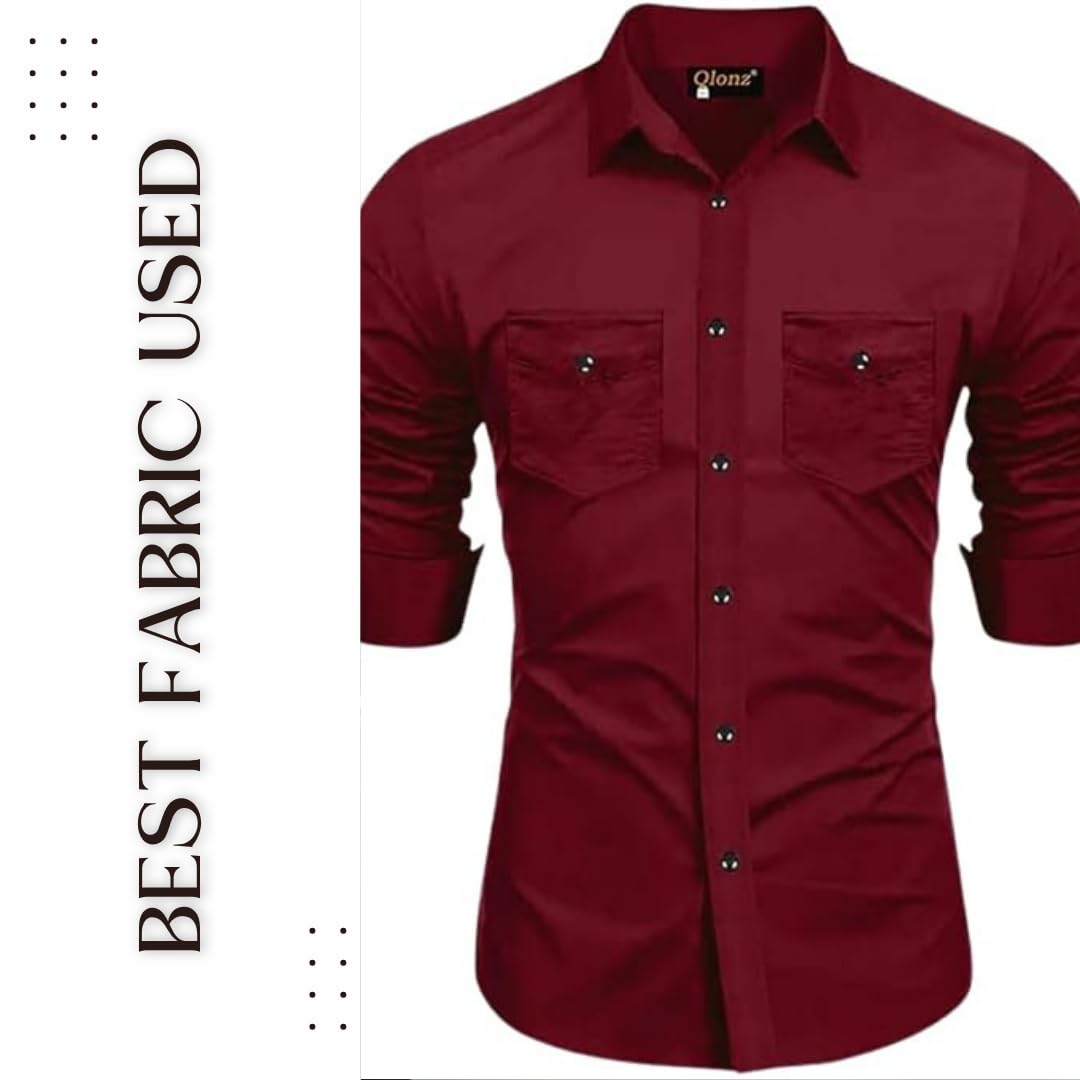 Rebelify MenS Cotton Blend Shirt With Pockets Full Sleeves Collared Neck Solid Pattern Botton Down Closure Relaxed Fit And Stan