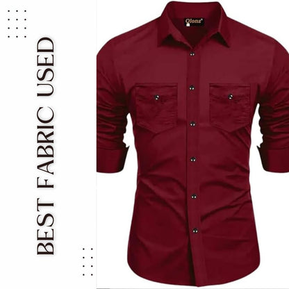 Rebelify MenS Cotton Blend Shirt With Pockets Full Sleeves Collared Neck Solid Pattern Botton Down Closure Relaxed Fit And Stan