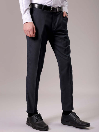 The Indian Garage Co Men Slim Fit Self Design Mid-Rise Stretchable Formal Trousers Dark Navy