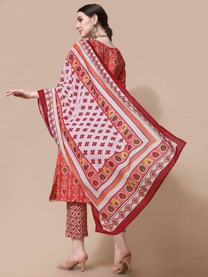NAINVISH Cotton Blend Kurti Pant & Dupatta | Orange Kurta Set for Women | Women Kurta Pant Dupatta Set | Kurta Pant with Dupatta Set | Printed Kurta Pant Dupatta Set