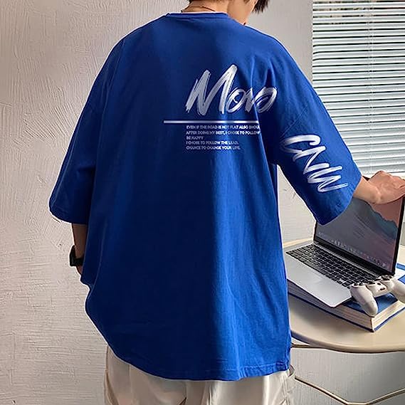 Thalasi Aesthetic Korean Style Blue Oversized T Shirts For Men - Baggy Fit T-Shirts With Down Shoulder And Half Sleeves & Brande