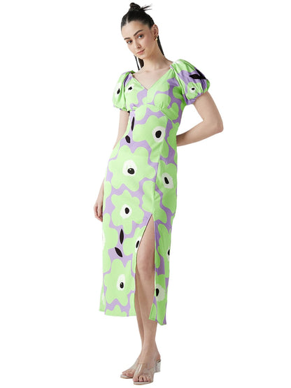 Bewakoof WomenS All Over Printed Oversized Fit Half Sleeve V-Neck Poly Blend Dress_635471_Green_Xl